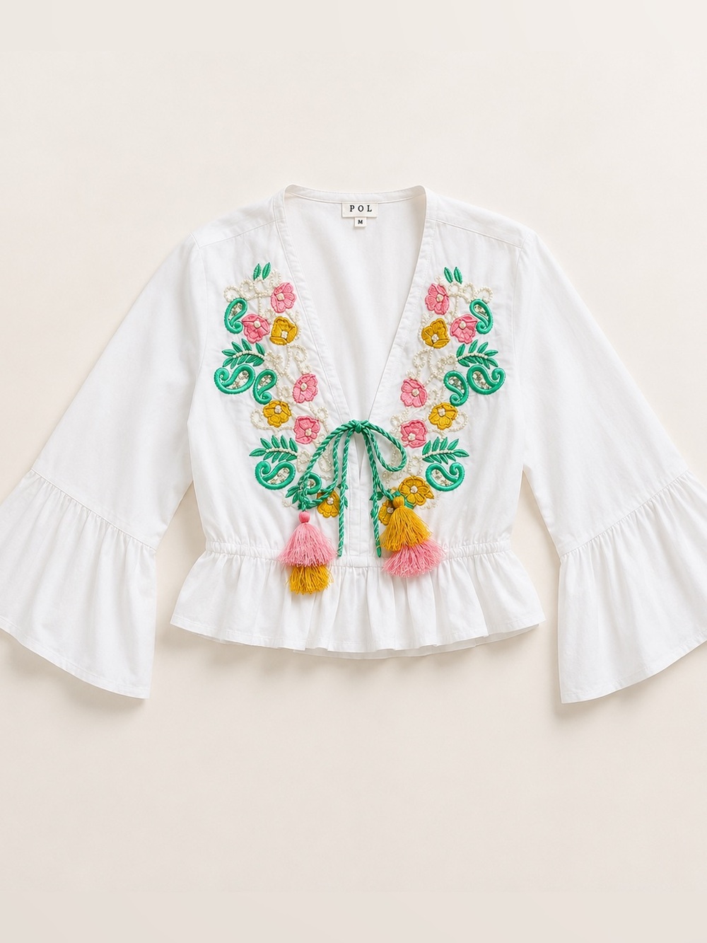 POL FLORAL EMBROIDERED CROPPED BLOUSE WITH BELL SLEEVES SIZE MEDIUM NWOT - Picture 6 of 8